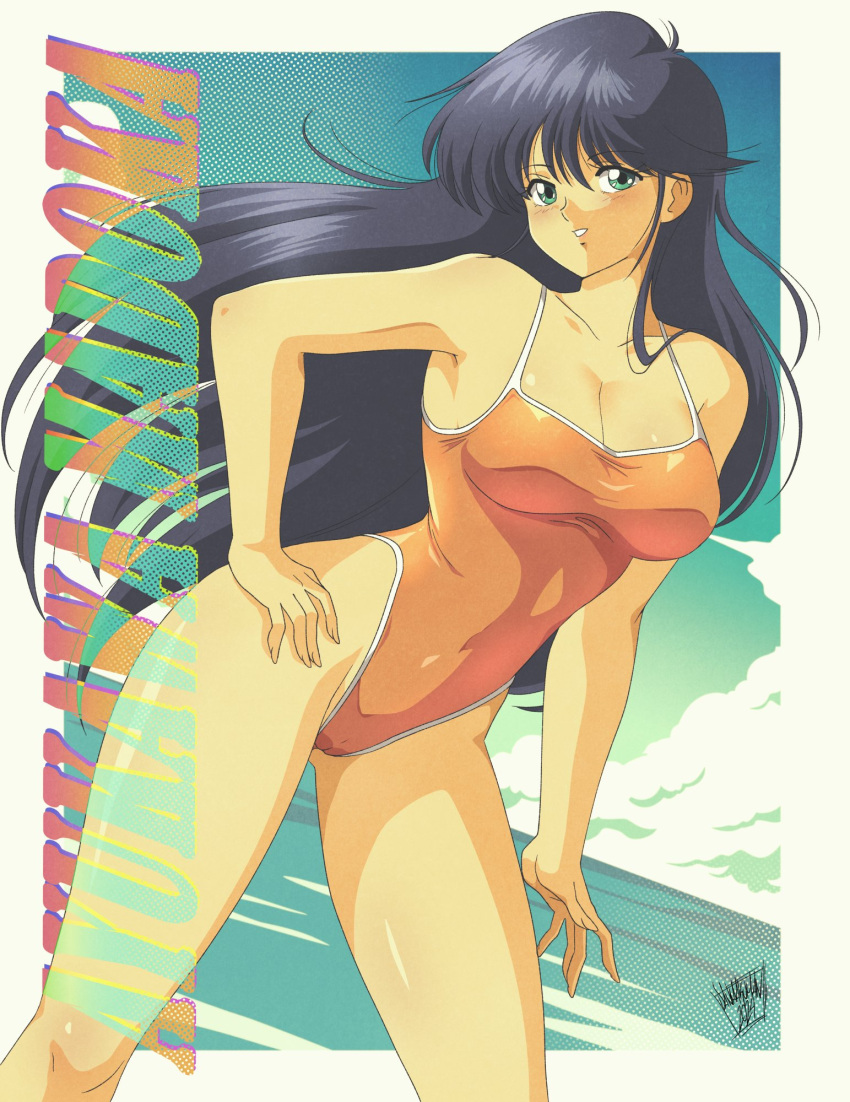 ayukawa_madoka black_hair breasts character_name cleavage cloud danmakuman female green_eyes hand_on_own_hip highres kimagure_orange_road large_breasts long_hair looking_at_viewer ocean one-piece_swimsuit orange_one-piece_swimsuit signature smile swimsuit