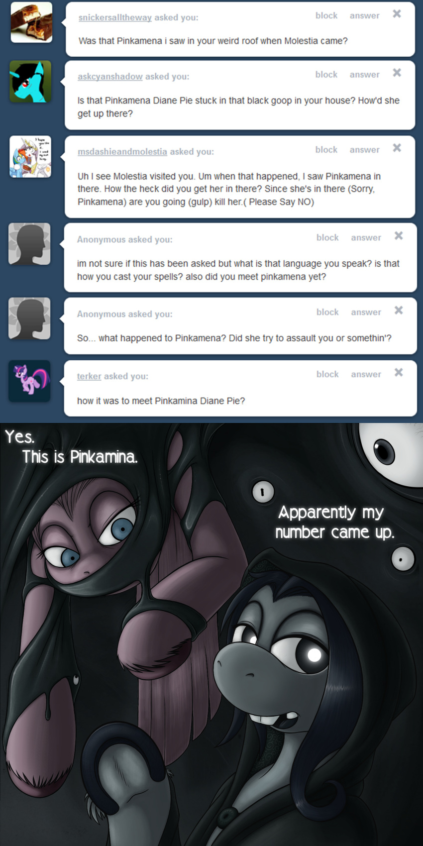 absurd_res ask_blog digital_media_(artwork) drxii english_text equid equine female friendship_is_magic hasbro hi_res horse ipsywitch mammal my_little_pony pinkamena_(mlp) pinkie_pie_(mlp) pony text tumblr