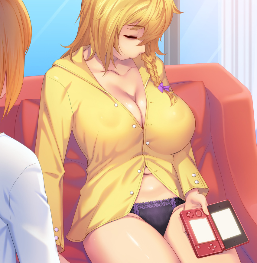 1boy black_panties blonde_hair blush breasts cleavage closed_eyes commentary_request cookie_(touhou) couch female handheld_game_console highres indoors kirisame_marisa large_breasts long_hair long_sleeves mars_(cookie) navel nintendo_3ds on_couch panties photoshop_(medium) rei_(cookie) shirt sitting sleeping tarmo touhou underwear white_shirt