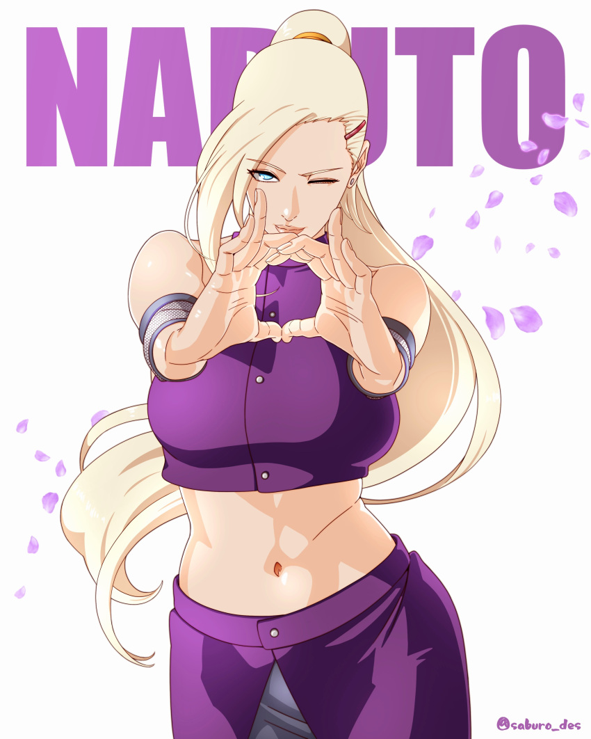 absurdres bare_shoulders blonde_hair blue_eyes boruto:_naruto_next_generations breasts copyright_name cowboy_shot cropped_shirt female high_ponytail highres ino_yamanaka kuji-in large_breasts long_hair midriff naruto_(series) navel one_eye_closed petals purple_shirt purple_skirt saburo_des shirt skirt solo twitter_username