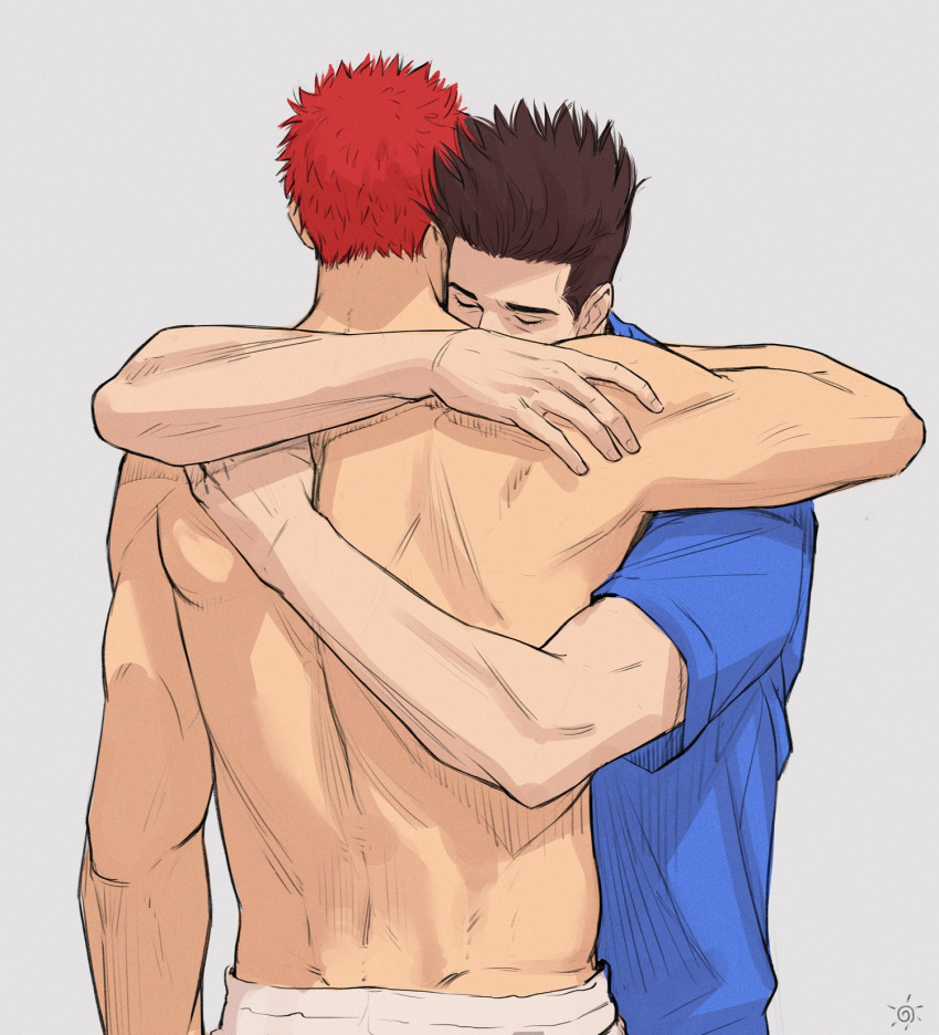 2boys arms_around_back back bare_shoulders blue_shirt brown_hair closed_eyes commentary_request couple highres hug korean_commentary male_focus multiple_boys pants red_hair sakuragi_hanamichi sendou_akira shirt short_hair short_sleeves shoulder_blades simple_background slam_dunk_(series) sun_stark t-shirt topless_male upper_body white_background white_pants yaoi