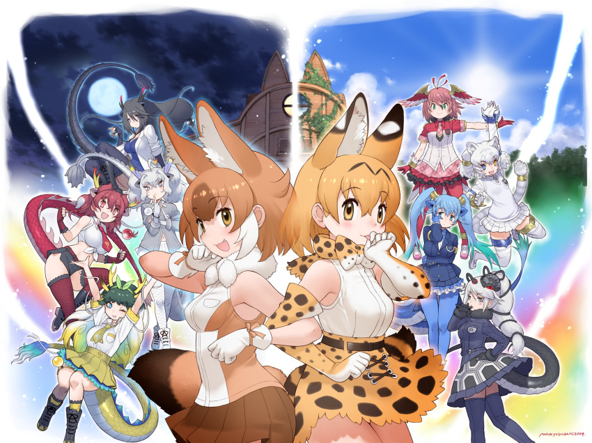 6+girls animal_ears bare_shoulders bird_tail bird_wings black_dragon_(kemono_friends) black_hair blonde_hair blue_eyes blue_hair blush bow bowtie breast_pocket breasts brown_hair byakko_(kemono_friends) closed_mouth coat dhole_(kemono_friends) dog_ears dog_girl dog_tail dragon_ears dragon_girl dragon_horns dragon_tail dress ear_tufts elbow_gloves extra_ears fingerless_gloves fishnet_gloves fishnets fur-tipped_tail genbu_(kemono_friends) giraffe_ears giraffe_girl giraffe_horns giraffe_tail gloves green_eyes grey_eyes grey_hair hair_between_eyes hair_ornament head_wings heterochromia highres horns jacket japari_symbol kemono_friends kemono_friends_3 kirin_(kemono_friends) lab_coat large_breasts long_hair long_sleeves long_tail looking_at_viewer multicolored_hair multicolored_horns multiple_girls navel necktie official_art open_clothes open_coat open_mouth pink_horns pocket print_bow print_bowtie purple_horns red_dragon_(kemono_friends) red_hair scale_print seiryuu_(kemono_friends) serval_(kemono_friends) serval_print shirt short_hair skirt sleeveless sleeveless_shirt smile snake stethoscope suzaku_(kemono_friends) tail thighhighs tied_shirt tiger_ears tiger_girl tiger_tail turtle_shell two-tone_hair white_coat white_dragon_(kemono_friends) white_hair white_tiger_print wings yellow_eyes yellow_horns yellow_trim yoshizaki_mine