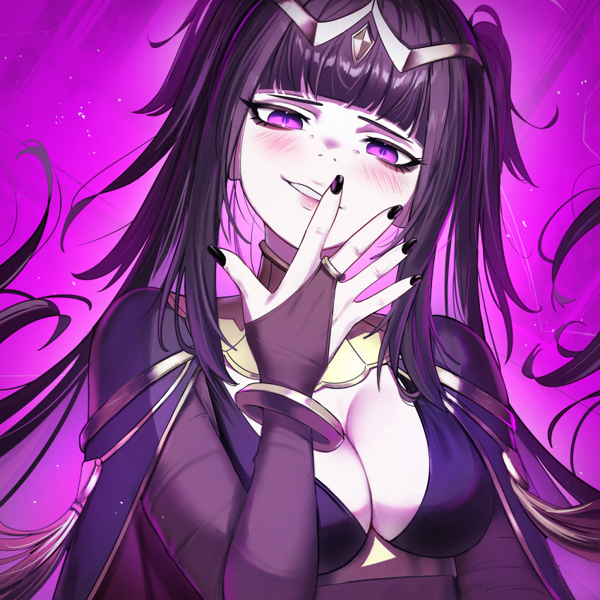 absurdres black_hair black_nails blush breasts cape cleavage english_commentary female fire_emblem fire_emblem_awakening highres long_hair looking_at_viewer medium_breasts purple_cape purple_eyes solo tharja_(fire_emblem) tiara waligner