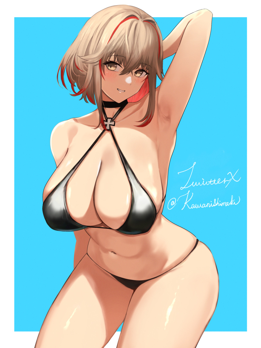 absurdres akizuki_(17769498) arm_behind_back arm_behind_head azur_lane bikini black_bikini blonde_hair blush breasts cross female grin hair_between_eyes highres hip_focus iron_cross large_breasts leaning_forward medium_hair multicolored_hair navel red_hair roon_(azur_lane) skindentation smile solo standing streaked_hair swimsuit thighs two-tone_hair yellow_eyes