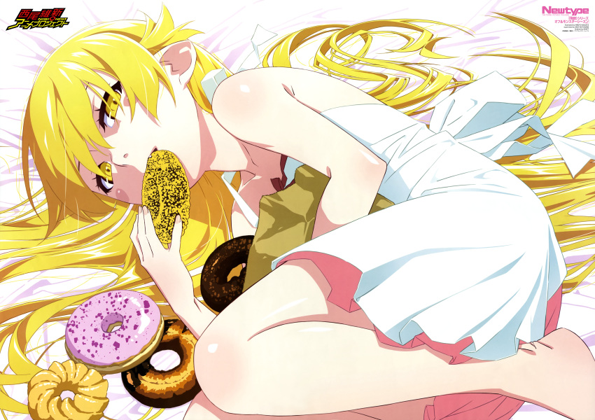 absurdres bare_shoulders barefoot blonde_hair doughnut dress female fetal_position flat_chest food highres long_hair looking_at_viewer lying monogatari_(series) nagata_hiroto newtype official_art on_side oshino_shinobu pointy_ears solo sundress white_dress yellow_eyes