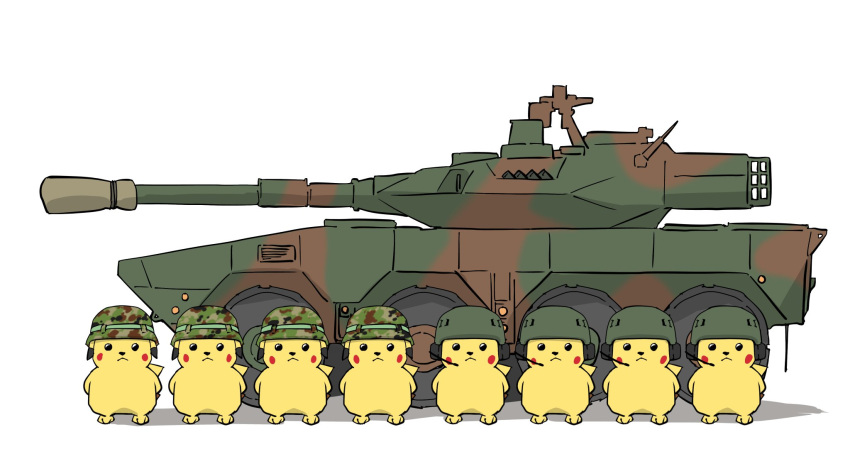 arms_behind_back bad_id bad_twitter_id camouflage camouflage_headwear closed_mouth commentary green_headwear headset helmet highres looking_at_viewer military military_vehicle motor_vehicle no_humans parade_rest pikachu pokemon pokemon_(creature) shadow simple_background standing standing_at_attention takenotcool tank tank_helmet type_16_maneuver_combat_vehicle white_background