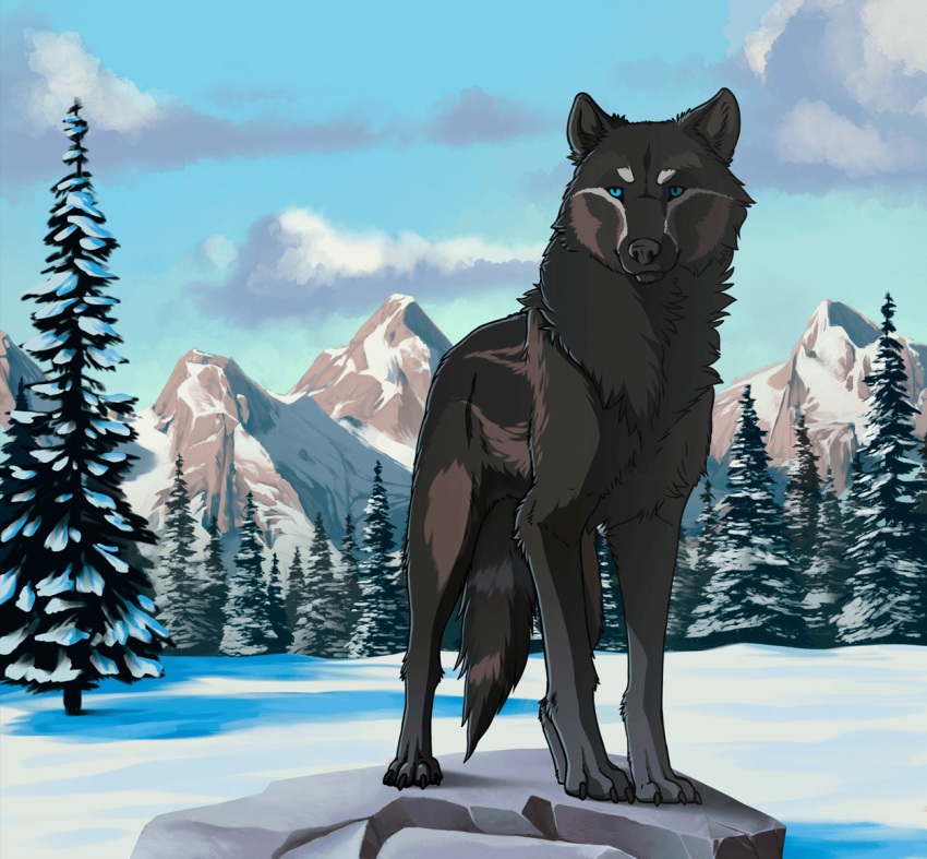 2d_animation ambiguous_feral ambiguous_gender animated black_body black_fur black_nose blue_eyes canid canine canis claws detailed_background female_(lore) feral forest fur hiona leg_markings loop mammal markings mountain on_rock outside plant quadruped rock rotoscoping short_playtime snow socks_(marking) solo standing sterr striped_body striped_fur stripes tree wind wolf