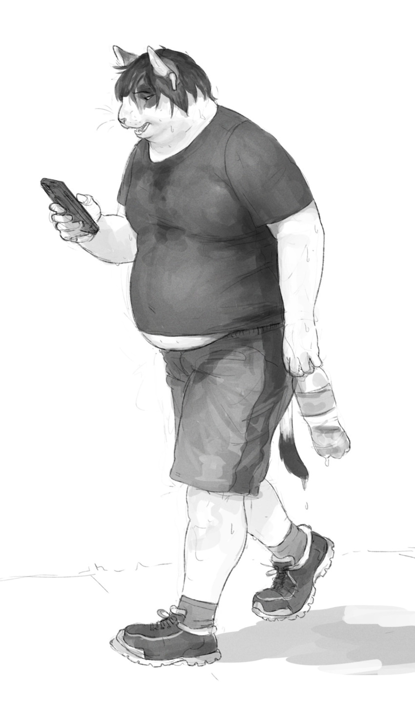 2022 anthro athletic_wear belly black_and_white black_hair bodily_fluids bottle bottomwear cettus clothing container domestic_cat electronics exercise felid feline felis footwear fur hair hi_res holding_object holding_phone looking_at_object looking_at_phone male mammal monochrome natan_osorio_suarez open_mouth overweight overweight_anthro overweight_male phone shaded shirt shoes shorts socks soft_shading solo sweat topwear walking water_bottle white_body white_fur