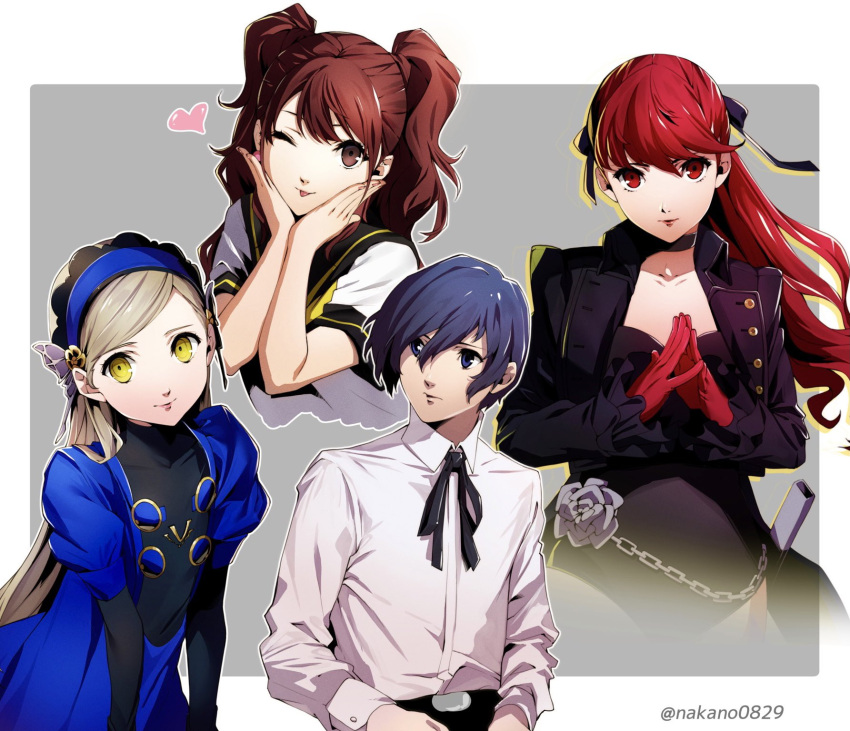 1boy 3girls artist_name belt black_belt black_gloves black_jacket black_leotard black_ribbon blonde_hair blue_dress blue_eyes blue_hair blue_headband brown_eyes brown_hair butterfly_hair_ornament chains closed_mouth collared_shirt commentary_request dress earrings elbow_gloves fingernails frilled_sleeves frills gloves hair_between_eyes hair_ornament hair_ribbon hands_on_own_face headband heart highres jacket jewelry kujikawa_rise lavenza_(persona_5) leotard leotard_under_clothes lips long_hair long_sleeves looking_at_viewer looking_away looking_to_the_side multiple_girls nakano_maru neck_ribbon one_eye_closed open_clothes open_jacket own_hands_together persona persona_3 persona_4 persona_5 persona_5_the_royal pink_lips ponytail puffy_short_sleeves puffy_sleeves red_eyes red_gloves red_hair ribbon school_uniform shirt short_hair short_sleeves smile tongue tongue_out twintails twitter_username uniform upper_body white_shirt yasogami_school_uniform yellow_eyes yoshizawa_kasumi yuuki_makoto_(persona_3)