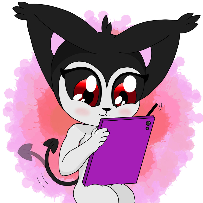 1:1 anthro black_body black_fur black_sclera drawing ear_tuft espurrito felid feline female flat_chested forked_tail fur hi_res izzi_(izzipurrito) izzipurrito mammal red_eyes sitting solo tablet_pen tail tuft unusual_anatomy unusual_tail white_body young young_anthro young_female