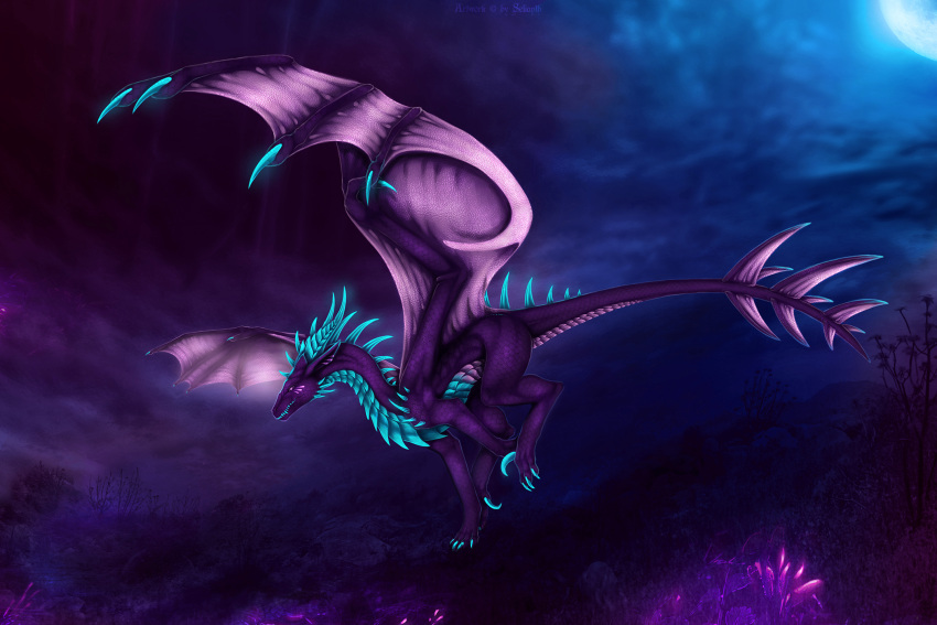 2021 3:2 ambiguous_feral ambiguous_gender claws digital_media_(artwork) dragon european_mythology feral hi_res horn membrane_(anatomy) membranous_wings moon mythological_creature mythological_scalie mythology night outside scales scalie selianth sky solo spines tail western_dragon wings