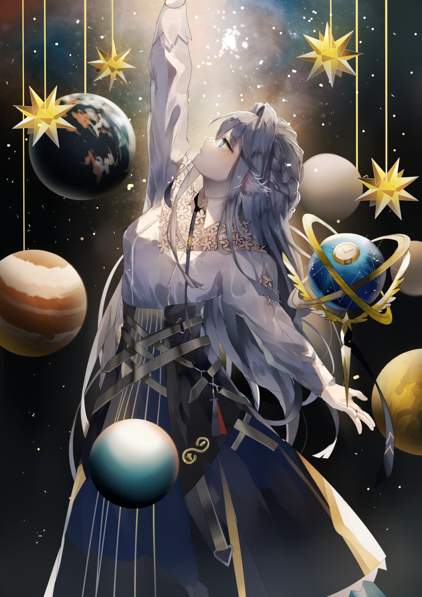 absurdres arknights arm_up astesia_(arknights) blue_eyes blue_hair celestial_globe dress feathers female floral_print highres long_dress long_hair looking_up planet profile sky solo star_(sky) starry_sky tadatsu