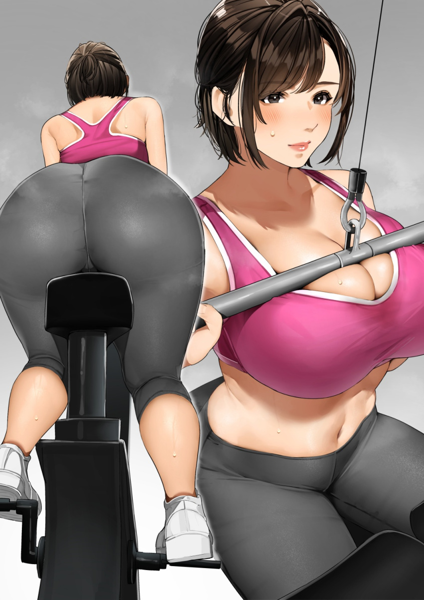 ass bare_shoulders black_eyes black_hair blush breasts cleavage closed_mouth collarbone commentary crop_top crotch_seam exercise_bike exercising female from_behind from_below from_side gradient_background highres huge_breasts leaning_forward lips mature_female midriff multiple_views navel original pants pink_sports_bra racerback sakura_no_tomoru_hi_e shoes short_hair sports_bra sweat swept_bangs white_footwear yoga_pants