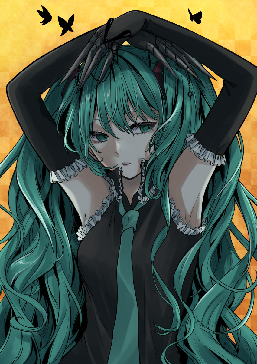 absurdres armpits arms_up bad_id bad_pixiv_id blue_eyes blue_hair bug butterfly collared_shirt commentary_request elbow_gloves female finger_cots frilled_gloves frilled_shirt frills gloves hatsune_miku highres long_hair looking_away looking_to_the_side messy_hair nagitofuu necktie parted_lips partial_commentary scissorhands_(vocaloid) shirt sleeveless sleeveless_shirt solo twintails very_long_hair vocaloid wavy_hair yellow_background