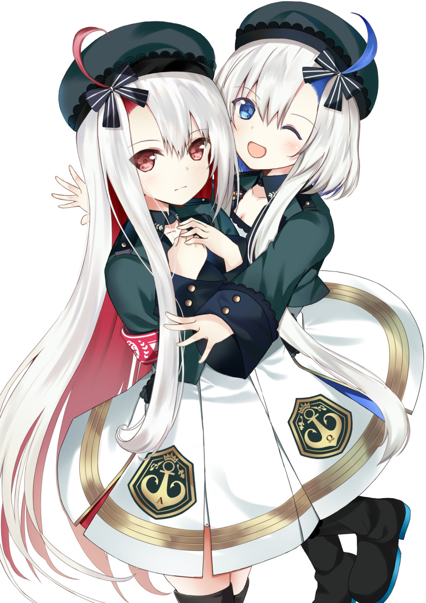 2girls ahoge armband azur_lane beret blue_eyes commentary_request hat highres hug irohasu_(mmgn7434) libeccio_(azur_lane) long_hair maestrale_(azur_lane) multicolored_hair multiple_girls one_eye_closed red_eyes shoes siblings simple_background two-tone_hair white_background white_hair