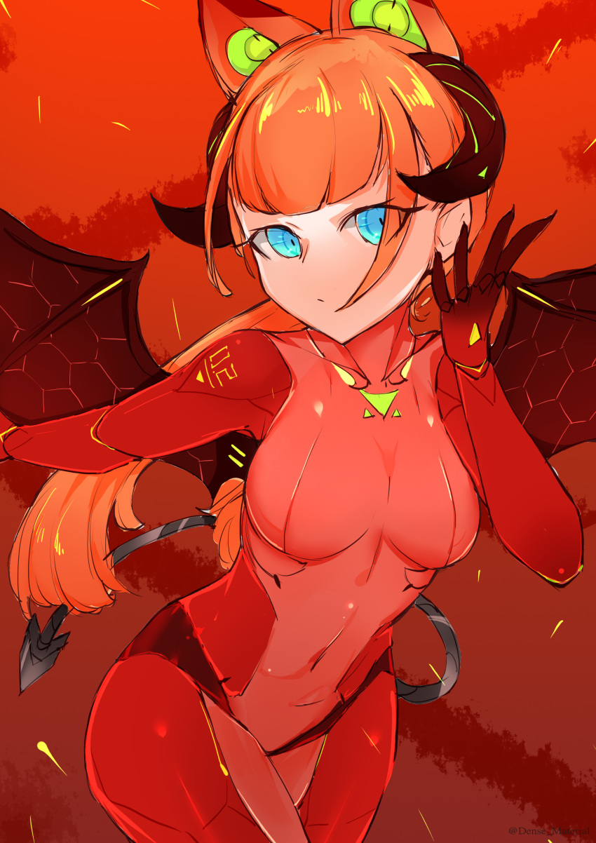 absurdres andou_inari andou_inari_official android animal_ears blue_eyes bodysuit breasts brown_wings choumi_wuti_(xueye_fanmang_zhong) closed_mouth commentary covered_collarbone covered_navel cowboy_shot curled_horns demon_girl demon_horns demon_tail demon_wings english_commentary fake_animal_ears female hand_up highres horns long_hair looking_at_viewer medium_breasts nijisanji orange_background orange_hair red_bodysuit solo tail twitter_username virtual_youtuber virtuareal wings