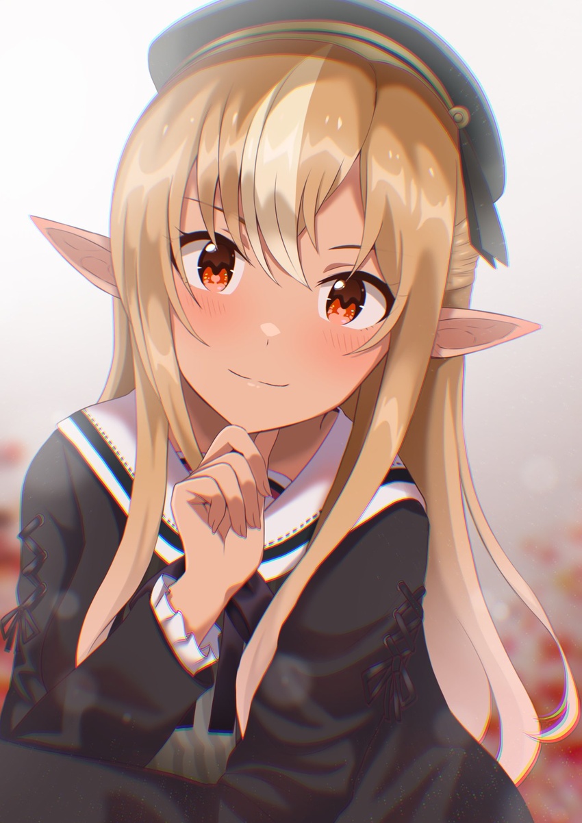 beret black_hat blonde_hair blush commentary dark-skinned_female dark_elf dark_skin elf female hat highres hololive long_hair looking_at_viewer multicolored_hair official_alternate_costume official_alternate_hairstyle orange_eyes pointy_ears rrtp sailor_collar shiranui_flare shiranui_flare_(street) sidelocks smile solo streaked_hair virtual_youtuber white_sailor_collar