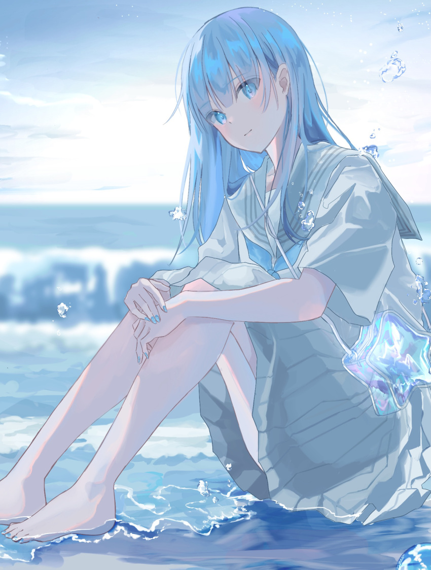 air_bubble bad_id bad_pixiv_id bag barefoot blue_eyes blue_hair blue_nails blue_neckerchief blue_theme bubble female from_side highres horizon knees_up long_hair looking_at_viewer nail_polish neckerchief ocean original pleated_skirt sailor_collar school_uniform serafuku shirt short_sleeves shoulder_bag signature sitting skirt sky solo sutera_sea toenail_polish toenails water white_shirt