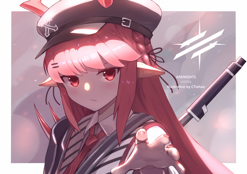 arknights artist_name character_name close-up copyright_name ctiahao female hat long_hair long_pointy_ears necktie open_hand pink_eyes pink_hair pointy_ears solo vigna_(arknights)