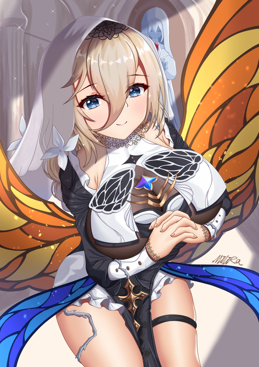 absurdres aponia_(honkai_impact) artist_name black_dress blue_eyes breasts brown_hair butterfly_wings cleavage closed_mouth dress female habit hair_between_eyes highres honkai_(series) honkai_impact_3rd insect_wings large_breasts long_hair long_sleeves looking_at_viewer milira nun own_hands_together signature smile solo thighs veil wings