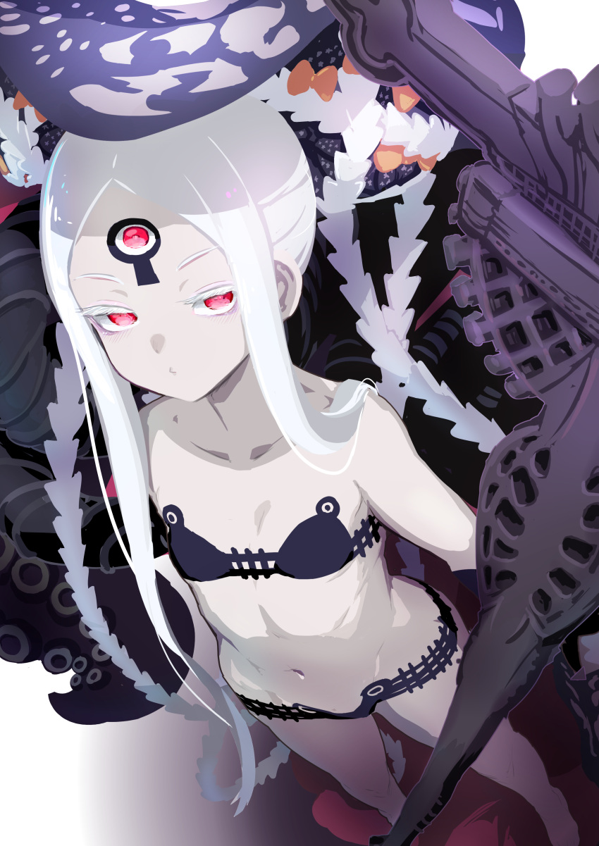 abigail_williams_(fate) abigail_williams_(swimsuit_foreigner)_(fate) abigail_williams_(swimsuit_foreigner)_(first_ascension)_(fate) absurdres bare_shoulders bikini black_bikini black_bow bow breasts collarbone colored_skin double_bun fate/grand_order fate_(series) female forehead hair_bun hairbow highres keyhole long_hair looking_at_viewer mightyjump98 multiple_bows navel orange_bow parted_bangs polka_dot polka_dot_bow red_eyes sidelocks small_breasts solo_focus staff swimsuit tentacle third_eye twintails very_long_hair white_hair white_skin