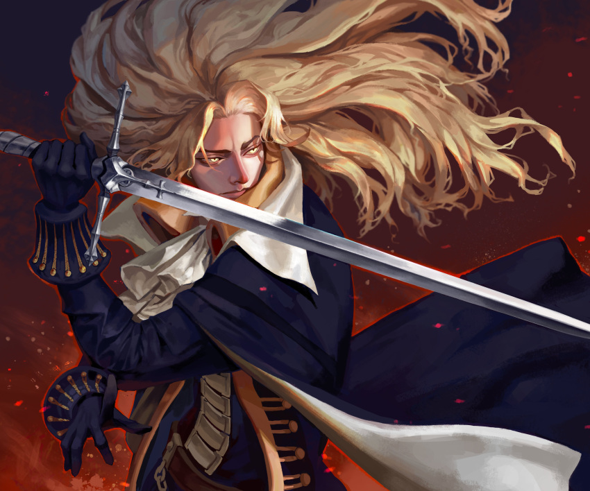 1boy absurdres alucard_(castlevania) ascot black_cape black_gloves blonde_hair cape castlevania_(netflix) castlevania_(series) closed_mouth commentary embers english_commentary fighting_stance floating_hair gloves highres holding holding_sword holding_weapon jacket long_hair looking_to_the_side male_focus ori_dal serious solo sword weapon yellow_eyes