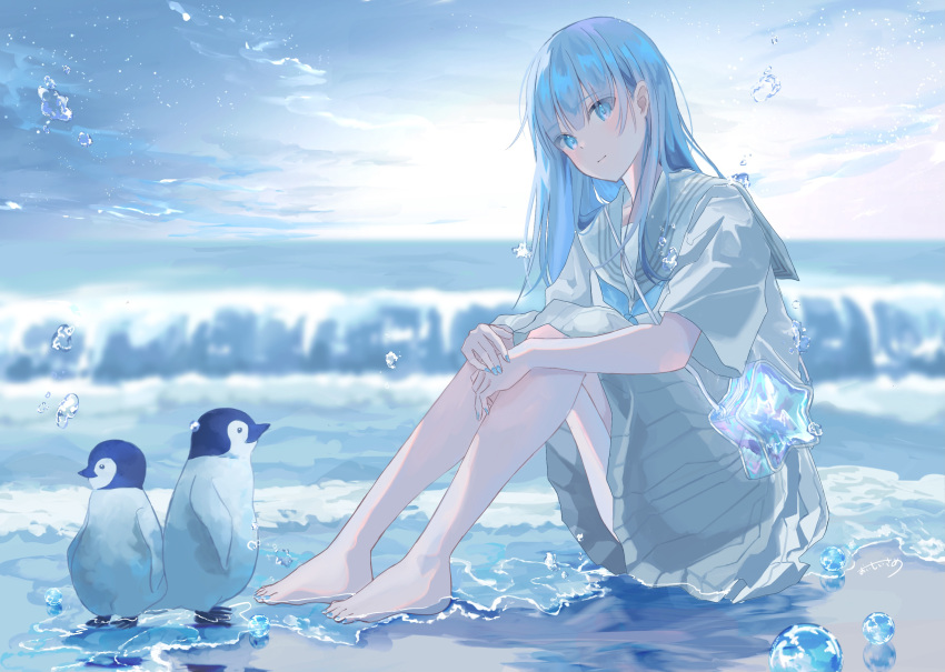 air_bubble baby_penguin bad_id bad_pixiv_id bag barefoot bird blue_eyes blue_hair blue_nails blue_neckerchief blue_theme bubble emperor_penguin female from_side highres horizon knees_up long_hair looking_at_viewer nail_polish neckerchief ocean original outdoors penguin penguin_chick pleated_skirt sailor_collar school_uniform serafuku shirt short_sleeves shoulder_bag signature sitting skirt sky solo sutera_sea toenail_polish toenails water white_shirt