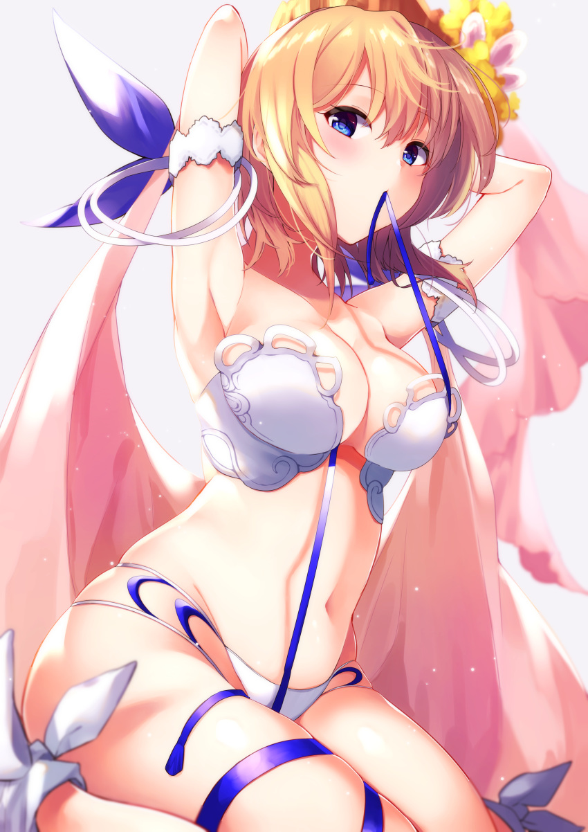 40_(0f0urw) absurdres armpits bikini blonde_hair blue_eyes blue_ribbon blush breasts cleavage commentary_request europa_(granblue_fantasy) europa_(summer)_(granblue_fantasy) female flower granblue_fantasy hair_flower hair_ornament highres kneeling large_breasts looking_at_viewer mouth_hold official_alternate_costume rei_no_himo ribbon short_hair solo strapless strapless_bikini swimsuit white_bikini