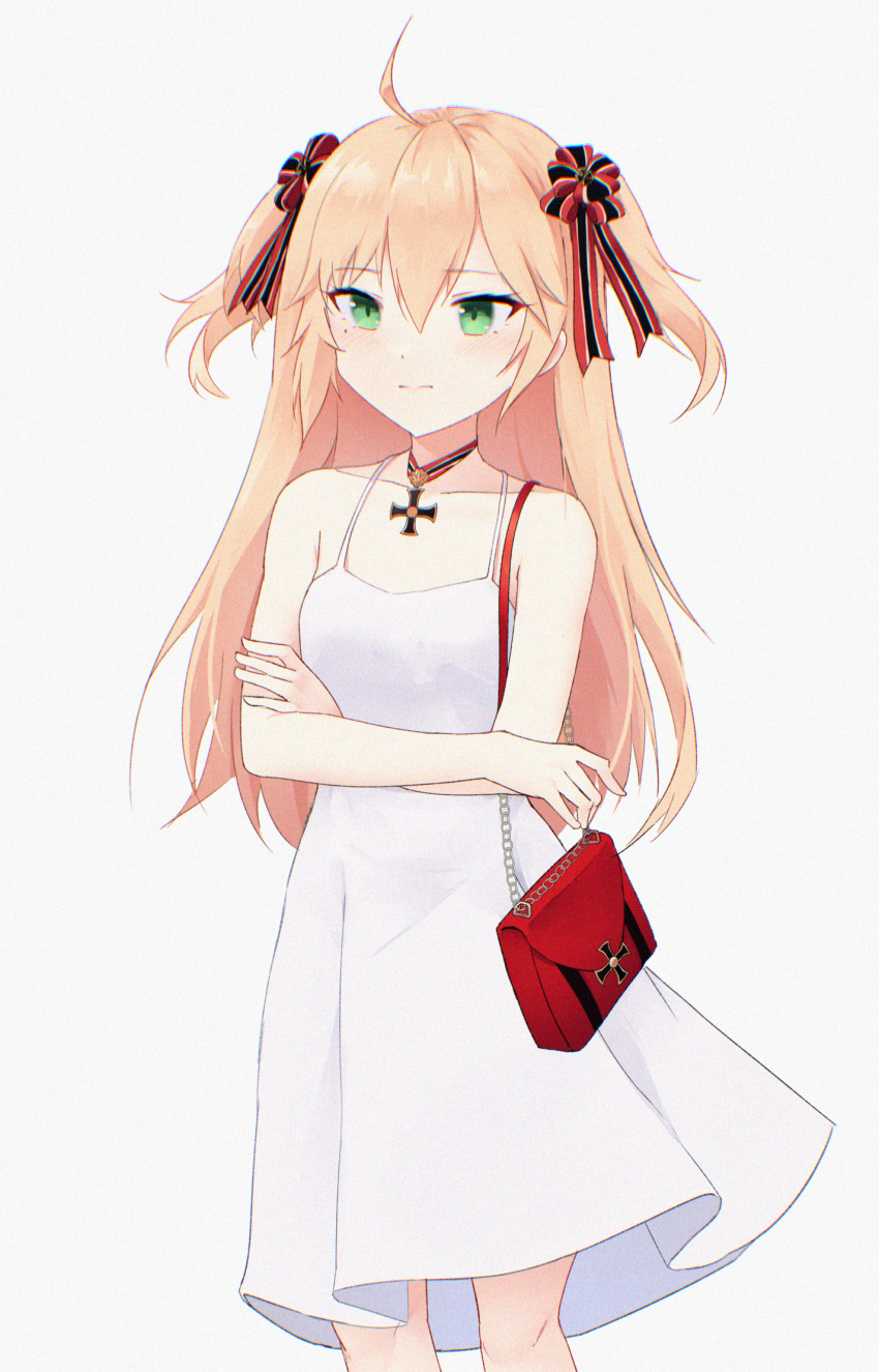 :| admiral_hipper_(azur_lane) ahoge alternate_costume azur_lane bag bare_shoulders blonde_hair closed_mouth collarbone commentary cowboy_shot cross crossed_arms danraz0r dress english_commentary female green_eyes grey_background hair_between_eyes hair_ribbon handbag highres iron_cross long_hair looking_at_viewer ribbon sidelocks simple_background sleeveless sleeveless_dress solo spaghetti_strap sundress two_side_up white_dress