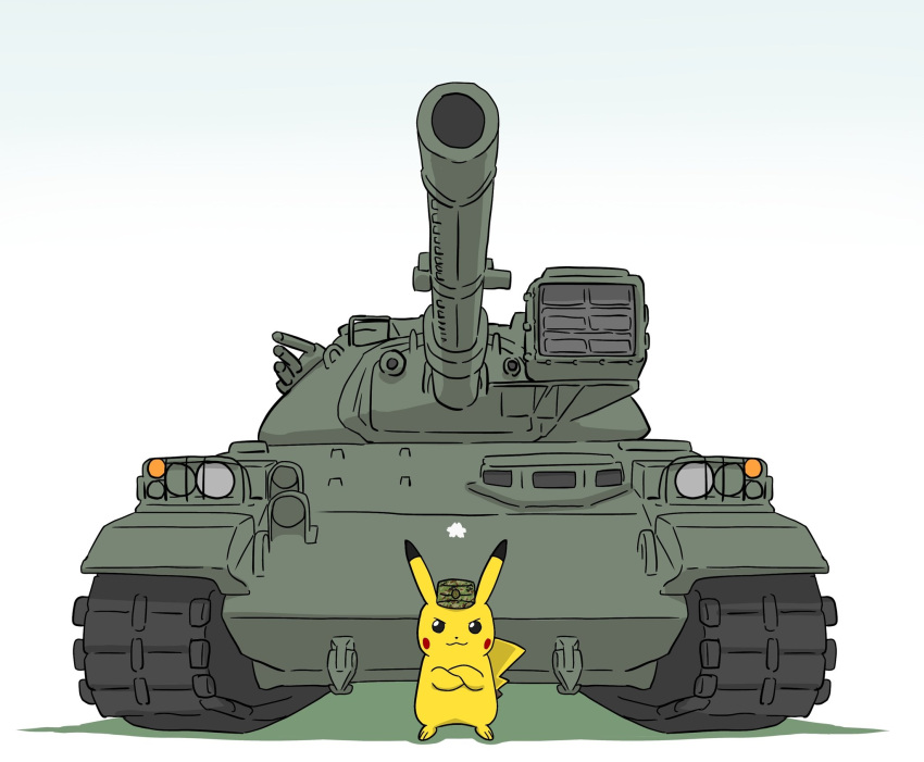 bad_id bad_twitter_id camouflage camouflage_headwear closed_mouth commentary crossed_arms field_cap green_headwear hat highres looking_at_viewer military military_hat military_vehicle motor_vehicle no_humans pikachu pokemon pokemon_(creature) shadow simple_background smile standing takenotcool tank type_74_(tank) white_background