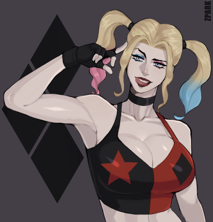 1girls armpits bare_shoulders big_breasts breasts bulging_breasts bustier busty choker cleavage crazy dc dc_comics diamond female female_only fingers grey_background hair_dye harley_quinn harley_quinn_(series) huge_breasts human human_only humanoid large_breasts looking_at_another multicolored_hair pose simple_background solo solo_female star supervillain_costume supervillainess tongue_out twintails voluptuous zpark