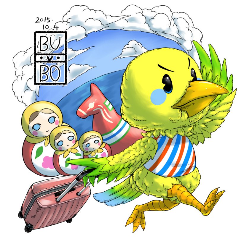 2015 ambiguous_gender animal_crossing anthro avian bag beak bird bubonikku clothing cloud feathers feet female_(lore) hi_res nintendo shirt solo talons toes topwear twiggy_(animal_crossing) walking water yellow_body yellow_feathers