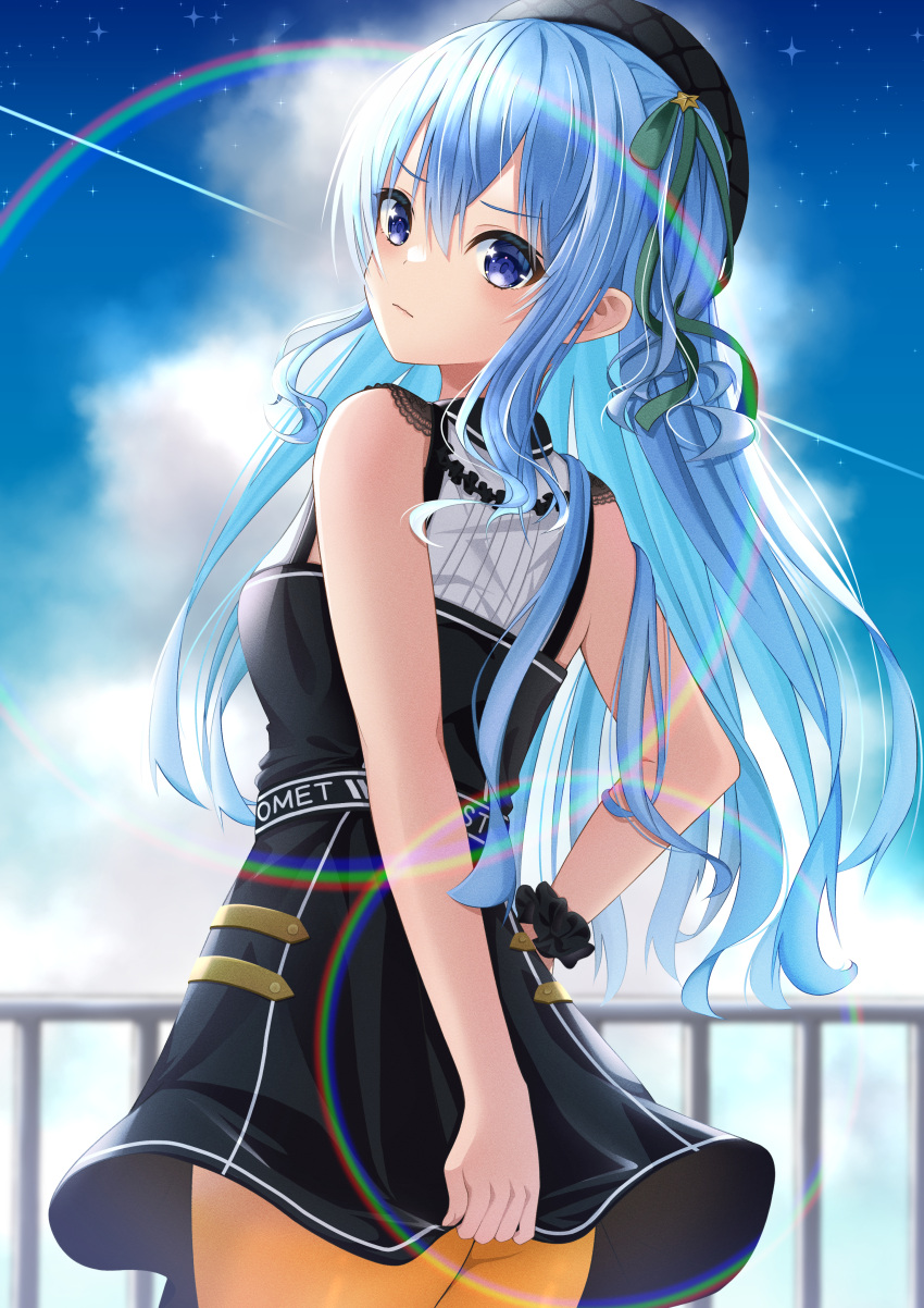 absurdres belt beret black_belt black_dress black_hat blue_eyes blue_hair blue_ribbon closed_eyes cloud collared_dress commentary commentary_request dress dress_tug female green_ribbons hair_between_eyes hair_ribbon hat highres hololive hoshimachi_suisei hoshimachi_suisei_(casual) looking_at_viewer looking_back medium_hair mira_bluesky3 official_alternate_costume orange_pantyhose pantyhose railing rainbow ribbon shirt shooting_star short_dress short_sleeves sky solo star_(symbol) star_in_eye symbol_in_eye virtual_youtuber white_shirt