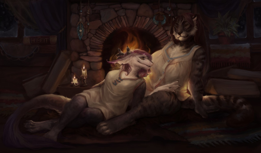 affectionate anthro big_breasts book breasts clothed clothing cuddling duo felid female fire fur gemma_ssasen hair hug lying mammal pantherine purple_hair raventenebris rug sergal snow storm_(stormblazer) stripes tiger warm white_body white_fur