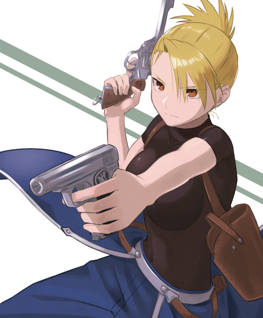 amestris_military_uniform bad_arm bad_perspective blonde_hair breasts brown_eyes commentary_request covered_navel dual_wielding eyes_visible_through_hair female foreshortening fullmetal_alchemist hair_over_one_eye highres holding large_breasts looking_ahead outstretched_arm perspective riza_hawkeye serious shimizu_tomoki short_hair simple_background solo white_background