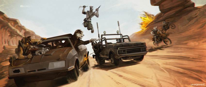 5_fingers absurd_res anthro canid canine canis car coyote desert detailed_background domestic_dog driving english_text explosion eyewear fingers ford ford_falcon goggles group gun handgun hi_res holding_gun holding_object holding_ranged_weapon holding_weapon inside_car jumping mad_max male mammal motorcycle pistol ranged_weapon text vehicle weapon whiteleonard