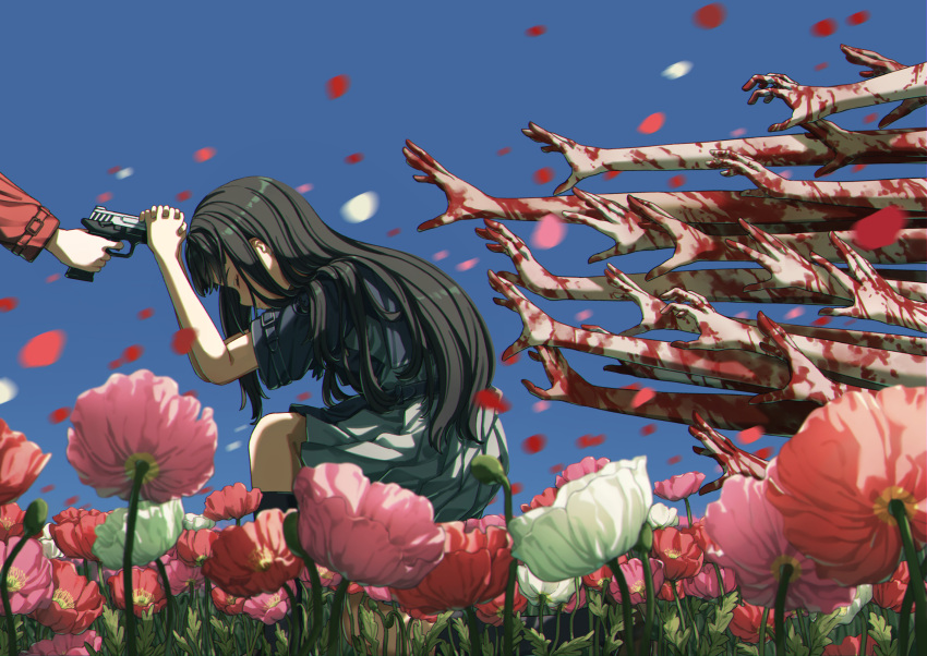 2girls at_gunpoint black_hair black_socks blood blood_on_hands blue_dress blue_sky blurry blurry_foreground brown_footwear bud closed_eyes closed_mouth commentary_request disembodied_hand dress falling_petals field flower flower_field gun hand_on_own_hip highres holding holding_gun holding_weapon inoue_takina kneehighs long_hair long_sleeves lycoris_recoil lycoris_uniform mochi_(m0chi0000) motion_blur multiple_girls nishikigi_chisato on_one_knee outdoors partial_commentary petals pink_flower pleated_dress poppy_(flower) short_sleeves sidelocks sky socks too_many_hands two-tone_dress weapon white_flower