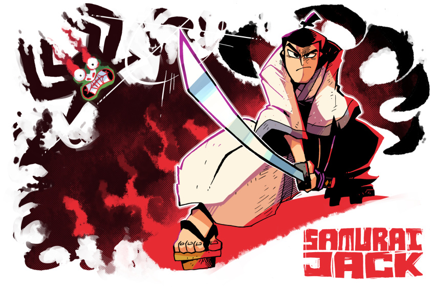 1boy aku_(samurai_jack) black_eyes black_hair closed_mouth copyright_name fighting_stance geta glint highres holding holding_sword holding_weapon katana looking_at_viewer ponytail rariatto_(ganguri) samurai_jack samurai_jack_(character) sword toenails two-handed weapon wide_sleeves