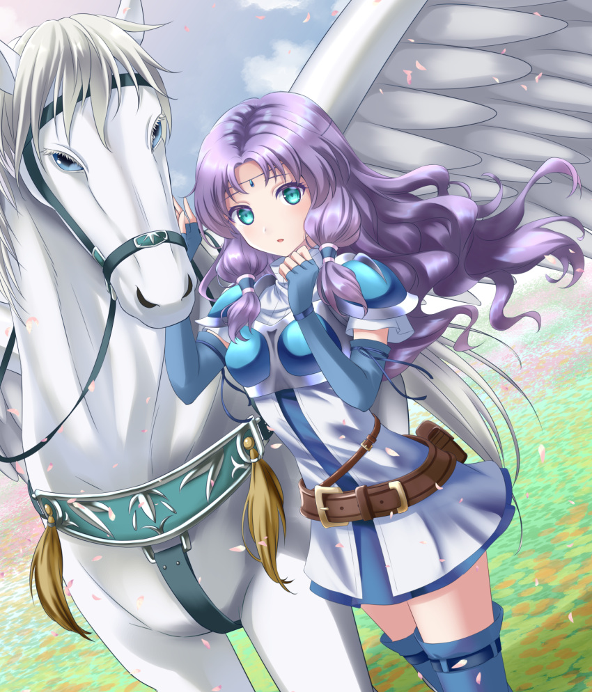 armor belt blue_eyes elbow_gloves female field fingerless_gloves fire_emblem fire_emblem:_the_blazing_blade florina_(fire_emblem) gloves highres huey_(fire_emblem) kakiko210 looking_at_viewer open_mouth outdoors parted_bangs pegasus pegasus_knight_uniform_(fire_emblem) petals purple_hair shoulder_armor shoulder_pads solo thighhighs zettai_ryouiki