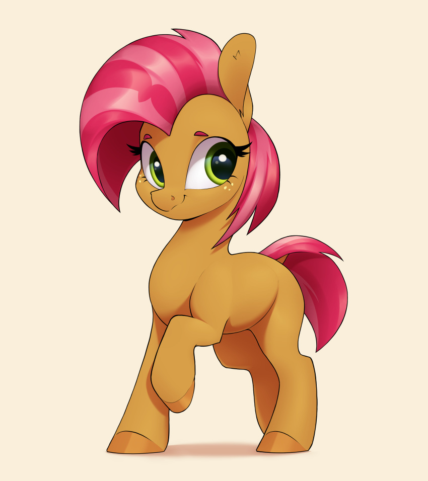 absurd_res aquaticvibes babs_seed_(mlp) brown_body brown_hooves earth_pony equid equine eyelashes female feral fetlocks freckles friendship_is_magic hair hasbro hi_res hooves horse looking_away mammal my_little_pony pony raised_hoof red_hair red_tail smile solo tail