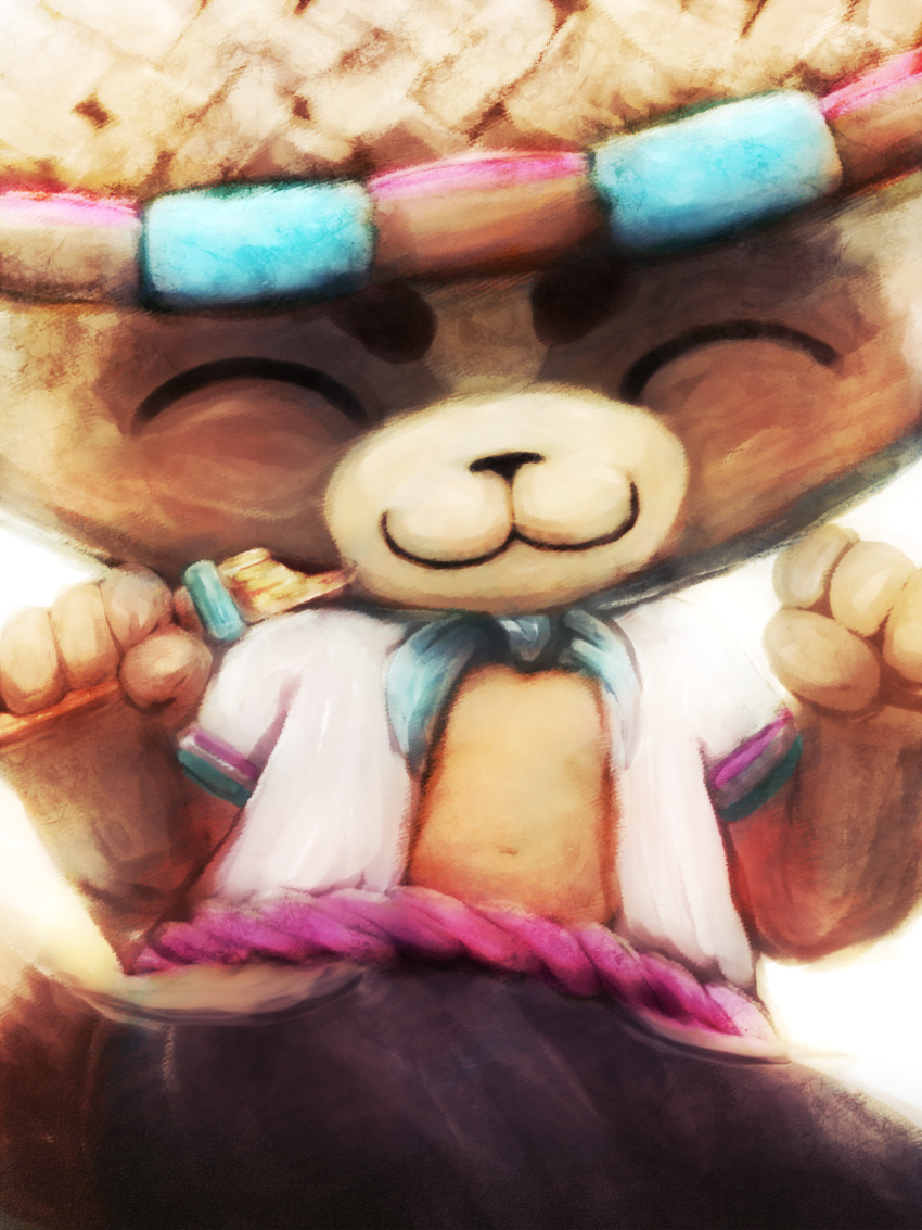 3:4 :3 anthro asian_clothing blowpipe clothing east_asian_clothing fist_pump hasukii headgear headwear hi_res league_of_legends male mammal navel riot_games simple_background solo spirit_blossom_teemo teemo_(lol) tencent white_background yordle