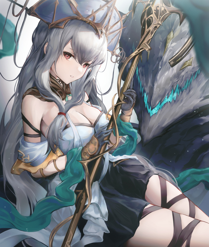 arknights black_gloves black_skirt breasts cleavage cowboy_shot female gloves hat highres holding holding_staff long_hair looking_at_viewer masai_no_senshi monster official_alternate_costume phoenix_crown red_eyes shirt skadi_(arknights) skadi_the_corrupting_heart_(arknights) skadi_the_corrupting_heart_(sublimation)_(arknights) skirt solo staff thighs very_long_hair white_hat white_shirt