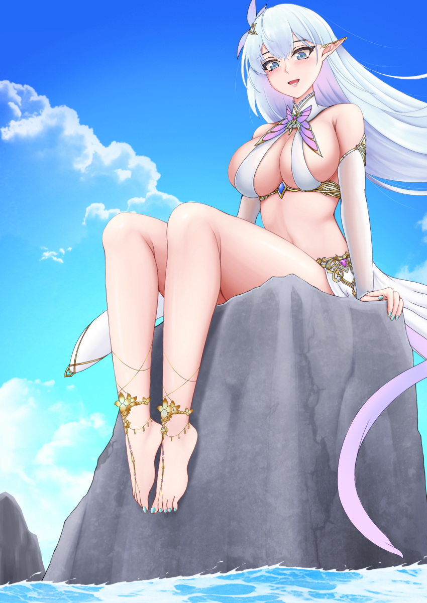 :d albion_(azur_lane) aqua_nails azur_lane bare_legs barefoot breasts bridal_gauntlets cleavage day feet female foot_jewelry highres legs long_hair looking_at_viewer nail_polish outdoors pointy_ears rock shamo_jiang sitting smile toenail_polish toenails toes water