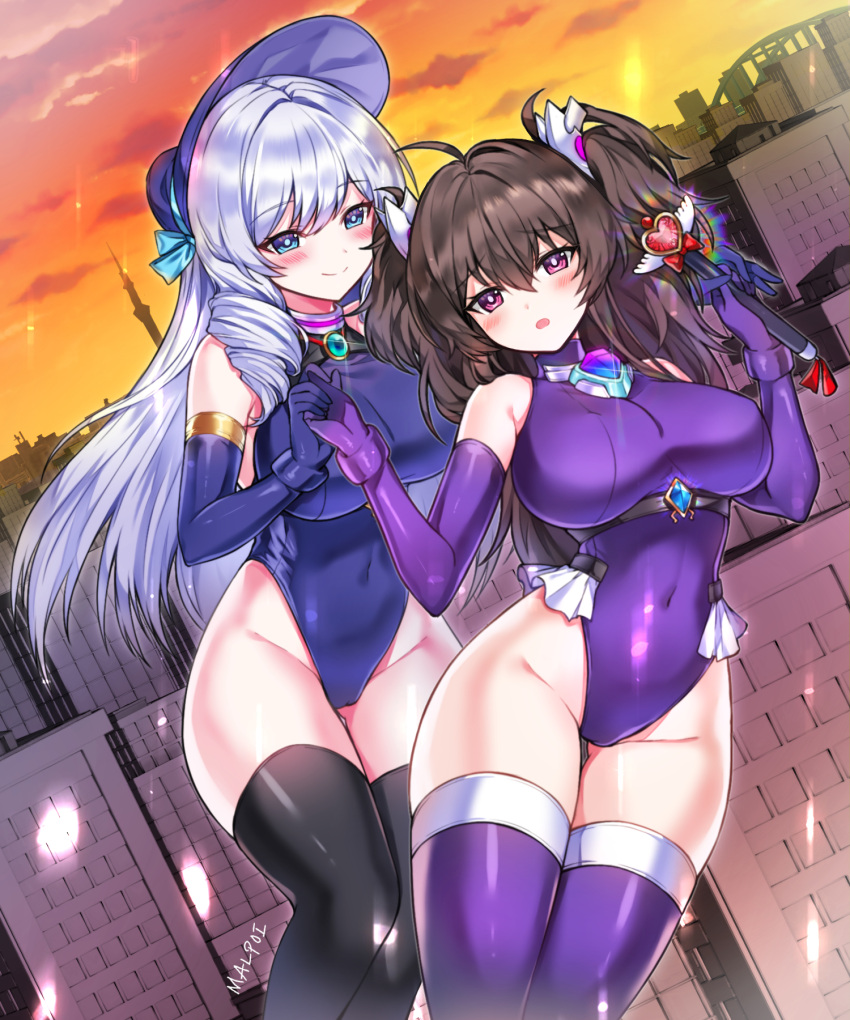 2girls ahoge ass_visible_through_thighs bare_shoulders belt black_hair black_legwear blue_eyes blue_gloves blue_leotard breasts bright_pupils closed_mouth copyright_request covered_navel elbow_gloves gloves groin hair_ornament hat highleg highleg_leotard highres holding holding_hands large_breasts leotard long_hair looking_at_viewer mal_poi multiple_girls open_mouth outdoors pink_eyes purple_gloves purple_legwear purple_leotard smile sunset thigh_gap thighhighs thighs two_side_up wand white_hair