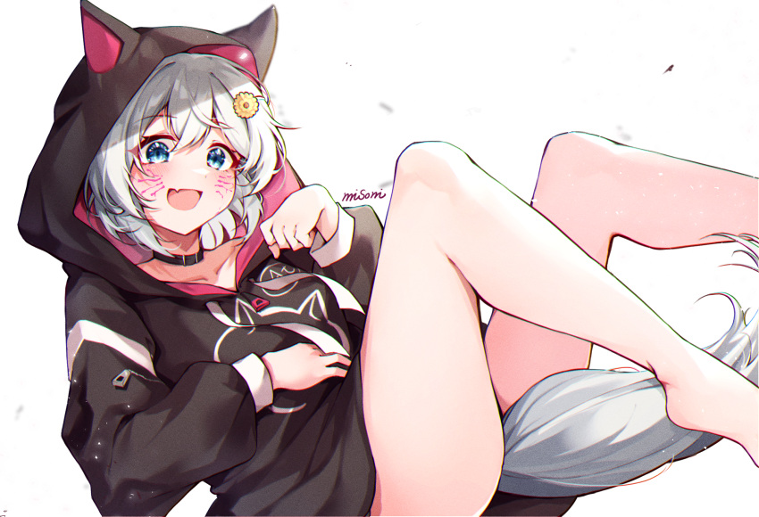 :d animal_ears animal_hood barefoot black_hoodie blue_eyes blush cat_ears commentary_request drawstring facial_mark fake_animal_ears feet_out_of_frame female flower grey_hair hair_between_eyes hair_flower hair_ornament highres hood hood_up hoodie horse_ears horse_hood horse_tail legs legs_up long_sleeves looking_at_viewer misoni_(mi_so_ni_t) oerba_yun_fang puffy_long_sleeves puffy_sleeves seiun_sky_(umamusume) short_hair signature simple_background smile solo tail umamusume whisker_markings white_background yellow_flower