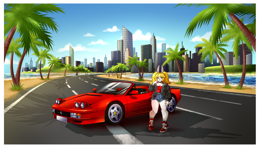 2020 80's_theme anthro beach beach_umbrella black_clothing black_jacket black_topwear blomde_hair blue_eyes border bottomwear building car city city_background cityscape clothed clothing cloud convertible cutoffs day denim denim_bottomwear denim_clothing female ferrari ferrari_testarossa finger_on_face footwear fur hi_res hightop_sneakers hotpants jacket lagomorph leporid long_ears mammal open_clothing open_jacket open_topwear outside palm_tree parasol plant rabbit red_car red_clothing red_footwear red_shoes red_sneakers red_topwear renneon road sand sea seaside shoes shorts sky skyscraper slightly_chubby sneakers solo sports_car supercar thick_thighs topwear tree twintails umbrella vehicle water white_body white_border white_fur