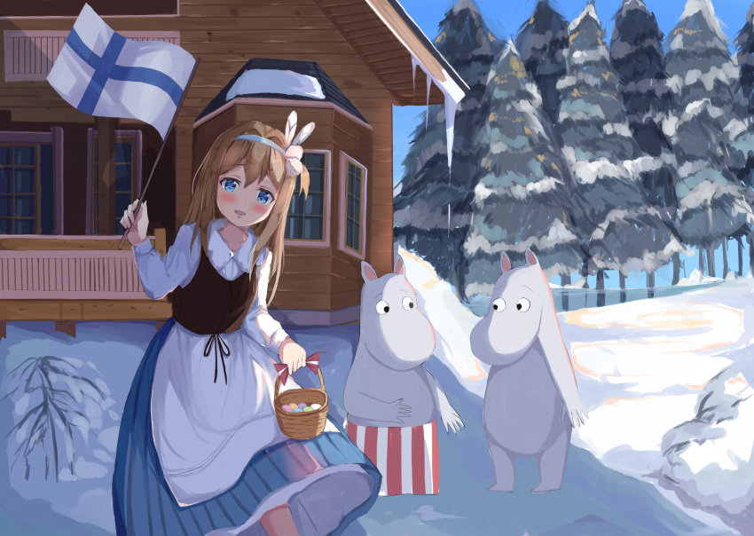 1boy 2girls blue_eyes blush chinese_commentary commentary_request country_connection easter_egg egg finnish_clothes finnish_flag girls'_frontline highres light_brown_hair looking_at_viewer moomin moominmamma moomintroll multiple_girls natsuki_(digretking) outdoors snow suomi_(girls'_frontline) waving_flag winter