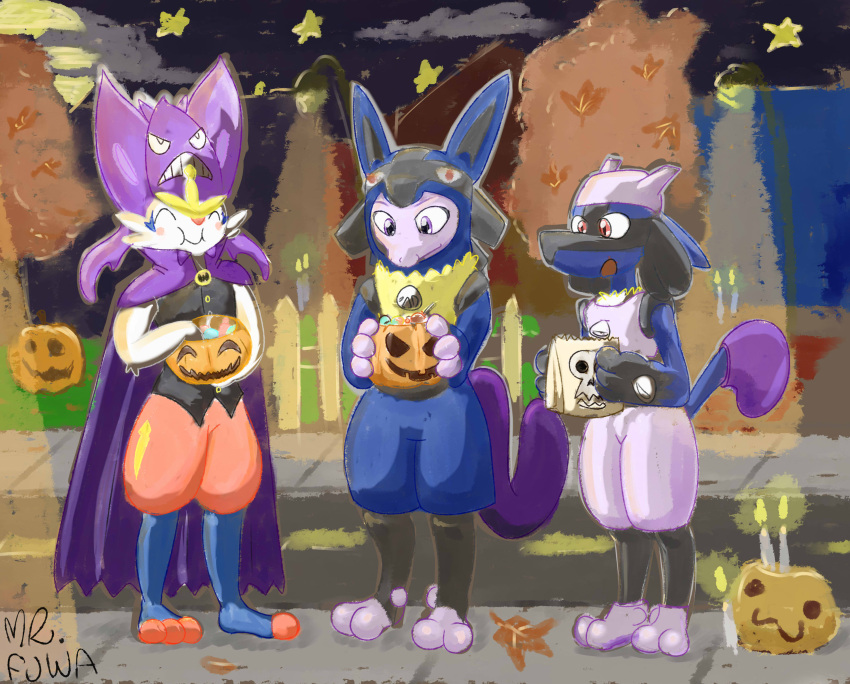 absurd_res anthro blue_body blue_fur candle candy canid canine celestial_star_polygon cinderace crobat dessert disguise feet food fruit fur generation_1_pokemon generation_2_pokemon generation_4_pokemon generation_8_pokemon grey_body grey_fur group halloween hi_res holidays lagomorph landscape leaf legendary_pokemon lucario male mammal mewtwo mr_fuwa night nintendo paws plant pokemon pokemon_(species) pumpkin purple_body purple_eyes purple_skin purple_tail red_body red_eyes red_fur sky spikes star starry_sky street tail thick_thighs tree