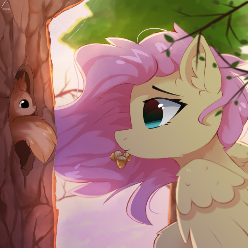 1:1 acorn brown_body brown_fur duo equid equine eyelashes feathered_wings feathers female feral fluffy fluffy_tail fluttershy_(mlp) food friendship_is_magic fruit fur glazirka hair hasbro hi_res inner_ear_fluff mammal mouth_hold my_little_pony mythological_creature mythological_equine mythology nut_(fruit) pegasus pink_hair plant rodent sciurid tail tree tree_squirrel tuft wings yellow_body yellow_fur