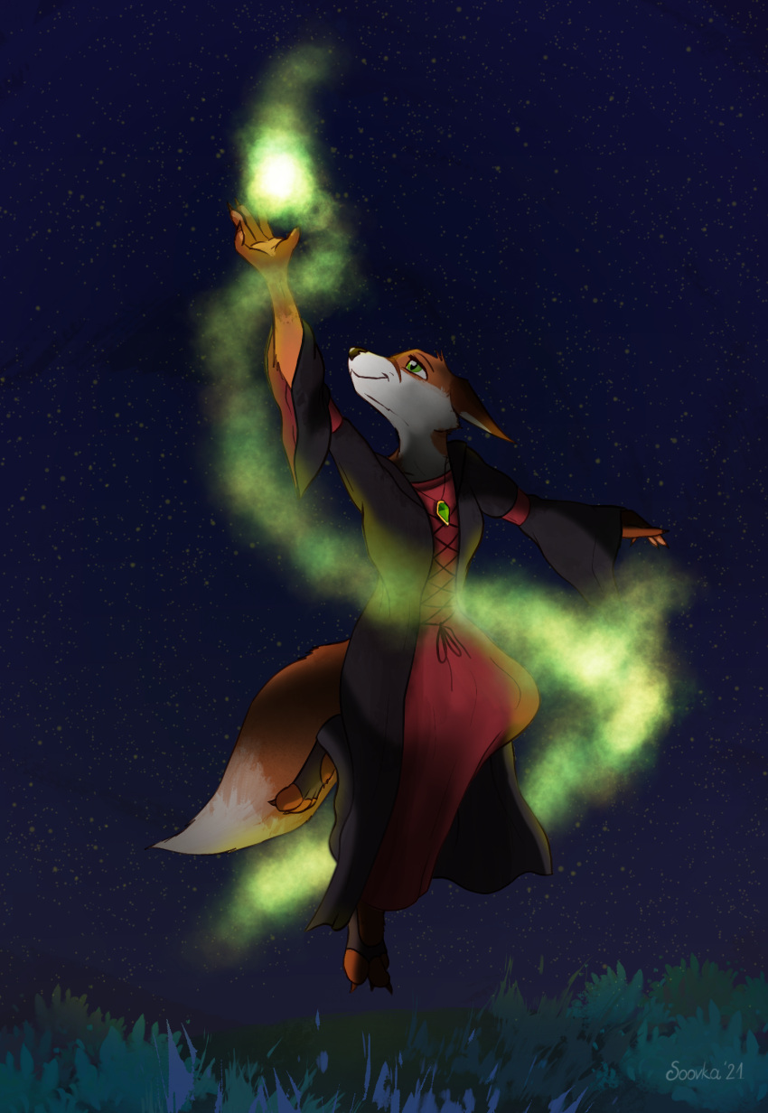 anthro canid canine clothing dress female flat_chested fox fur green_eyes hi_res jewelry levitating magic magic_user mammal necklace night orange_body orange_fur silva_vernalis soovka toe_cutout_heels